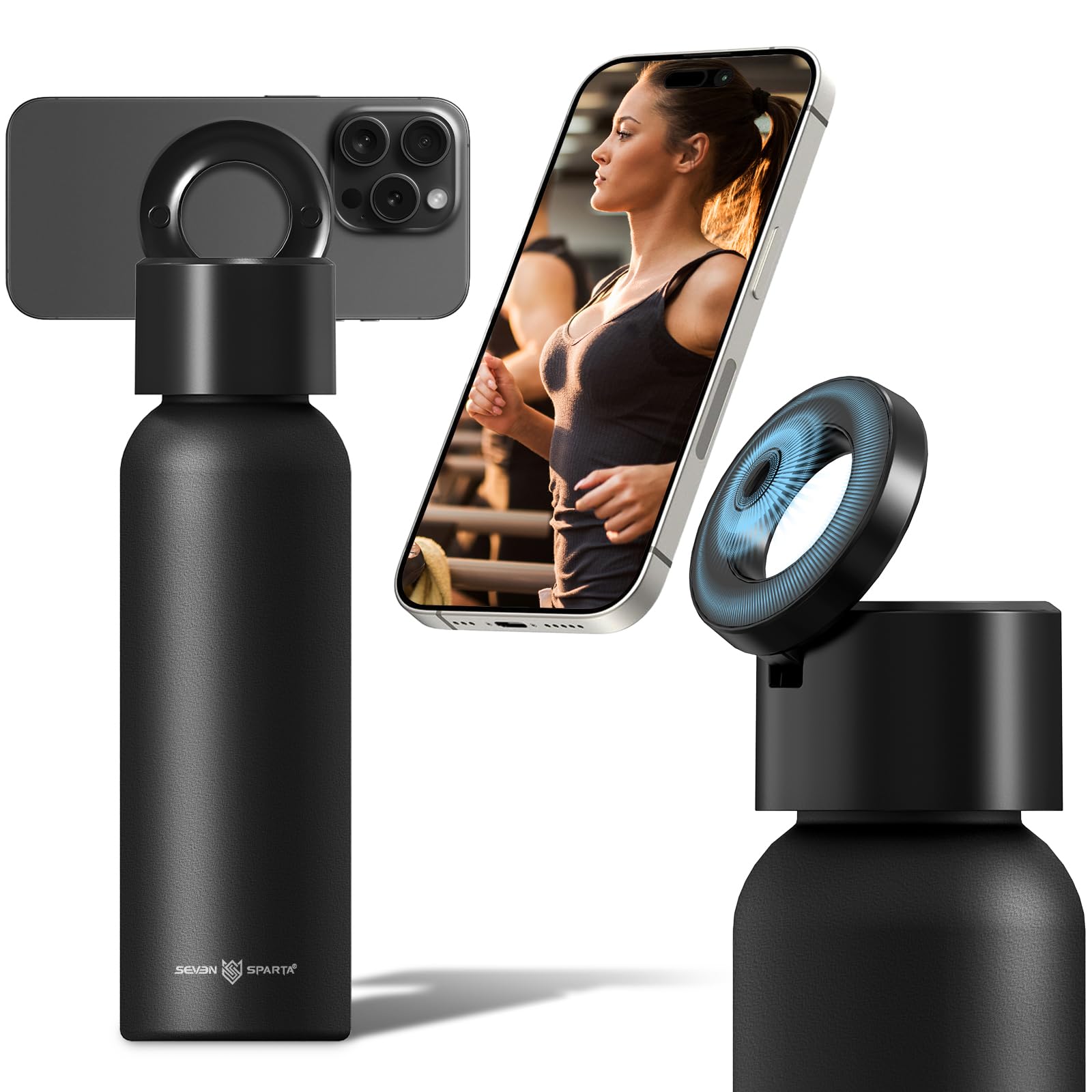 Insulated Water Bottle Compatible with Magsafe Holder Magnetic Water Bottle Stainless Steel Water Cup Phone Mount Flask Leak-Proof Hot 12H Cold 24H Sports Car Cup Holder 32oz Black