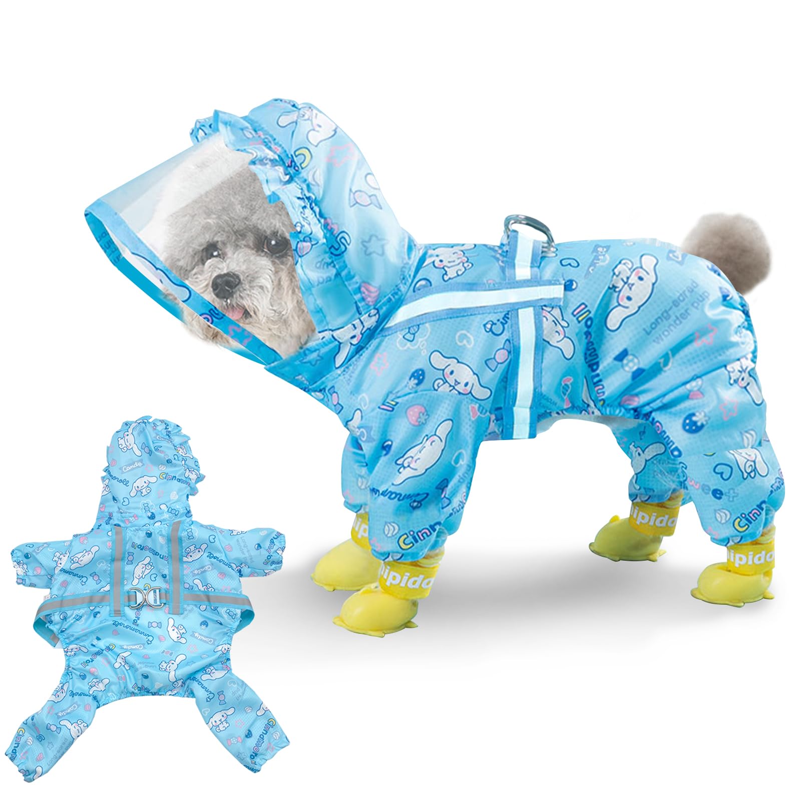 Apatal Waterproof Dog Raincoat Adjustable 4-Legged Dog Rain Jacket with Hood and Leash Hole Reflective Lightweight Outdoor Rain Poncho Gear for Dogs Suitable for Small and Medium Dogs(BlueSmall)