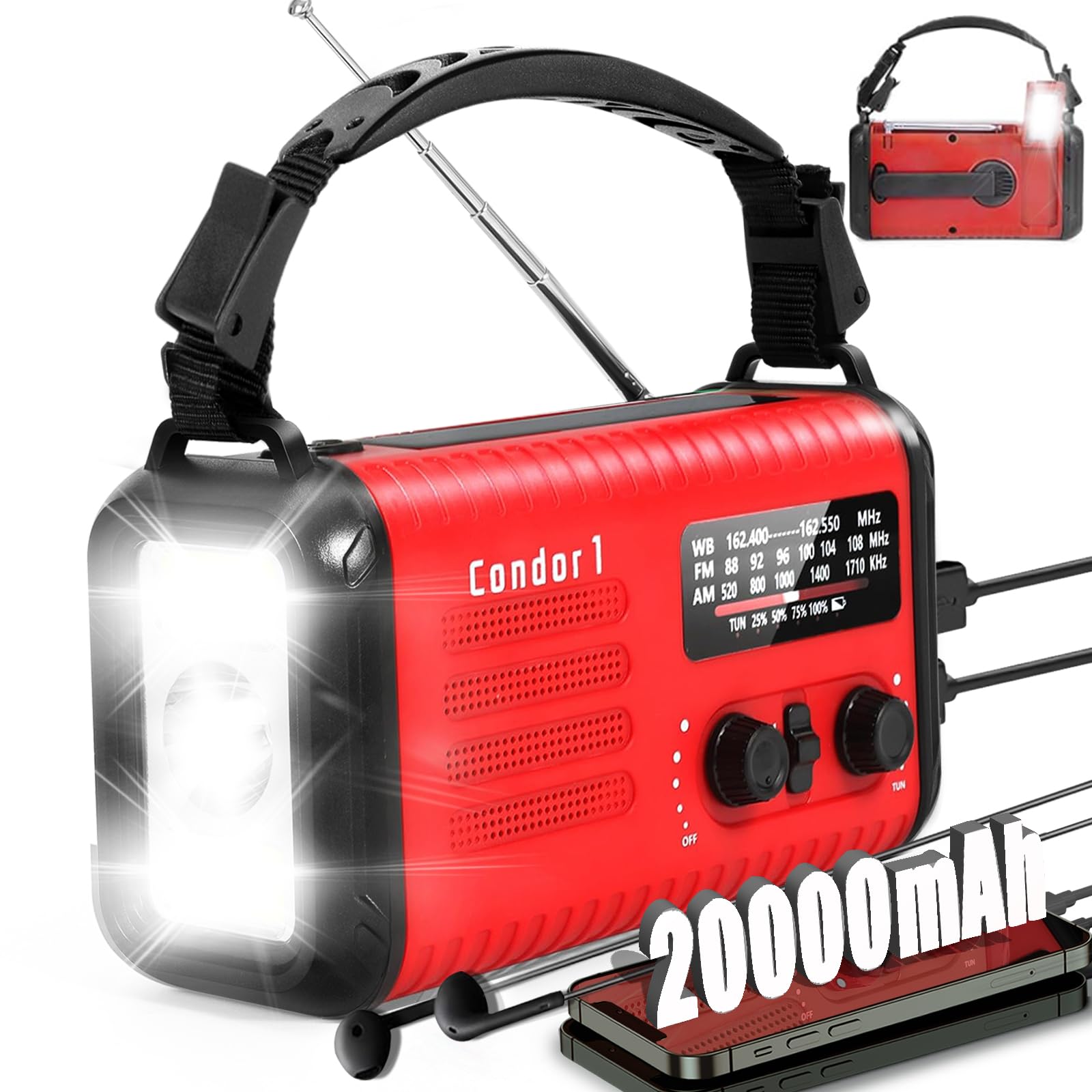 20000mAh / 74000mWh Emergency Radio Solar Hand Crank Radio AM/FM/NOAA Weather Radio with Power Bank Phone Charger SOS Alarm Flashlight & Reading Lamp for Emergencies Hurricane Camping