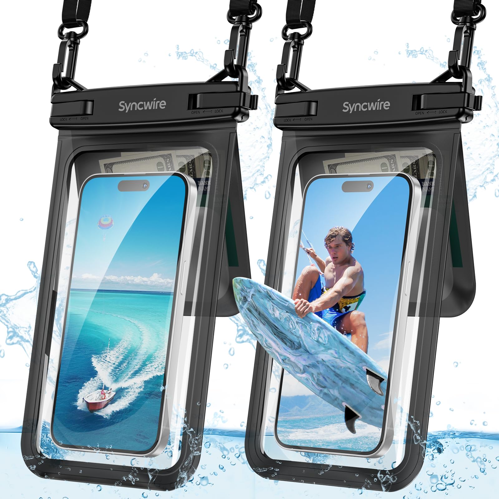 SYNCWIRE Waterproof Phone Case 2-Pack IPX8 Double Space Waterproof Phone Pouch for iPhone 15 14 13 12 Pro Max XR X SE 2022 8 Samsung S24 S23 S22 Ultra S21 Phones Under 8.5 Inch - Black