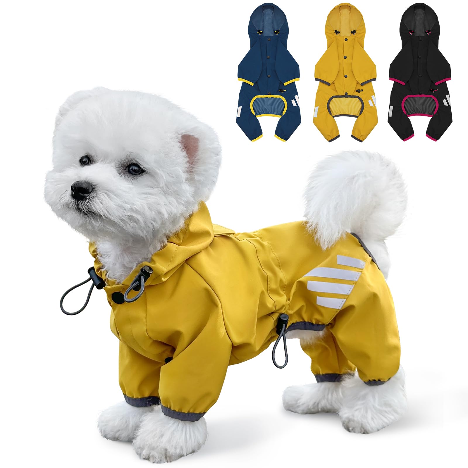 Dog Raincoat Waterproof Dog Rain Jacket with Hood Dog Rain Coat with Leash Hole Reflective Strap for Small Medium Dogs Lightweight Puppy Clothes(YellowM)
