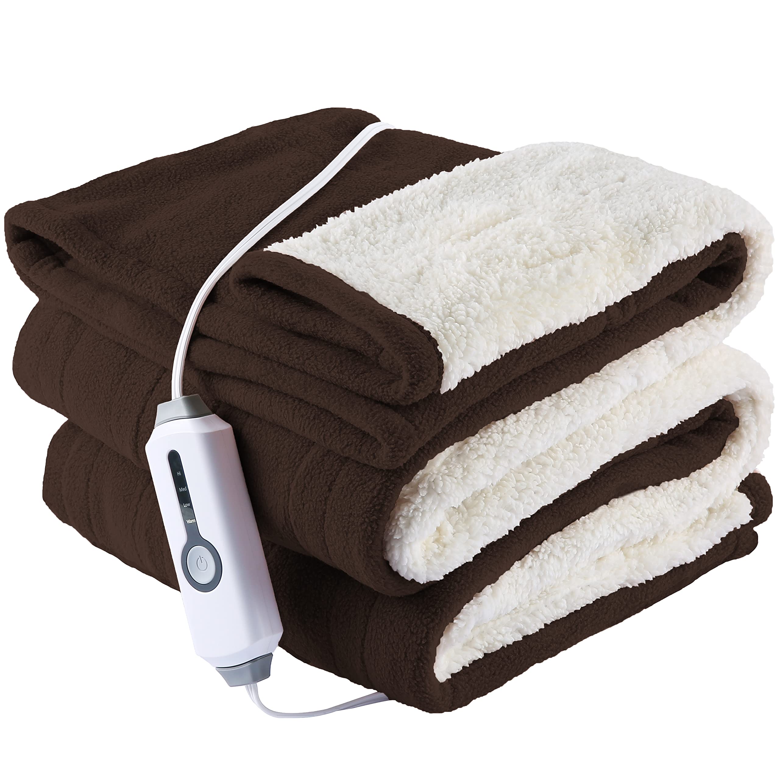 Heated Throw 50"x60" Super Cozy Soft Polar Fleece & Sherpa Electric Heated Blanket with 4 Heating Levels & 3H Auto Shut Off & Overheat Protection Machine Washable Dark Brown