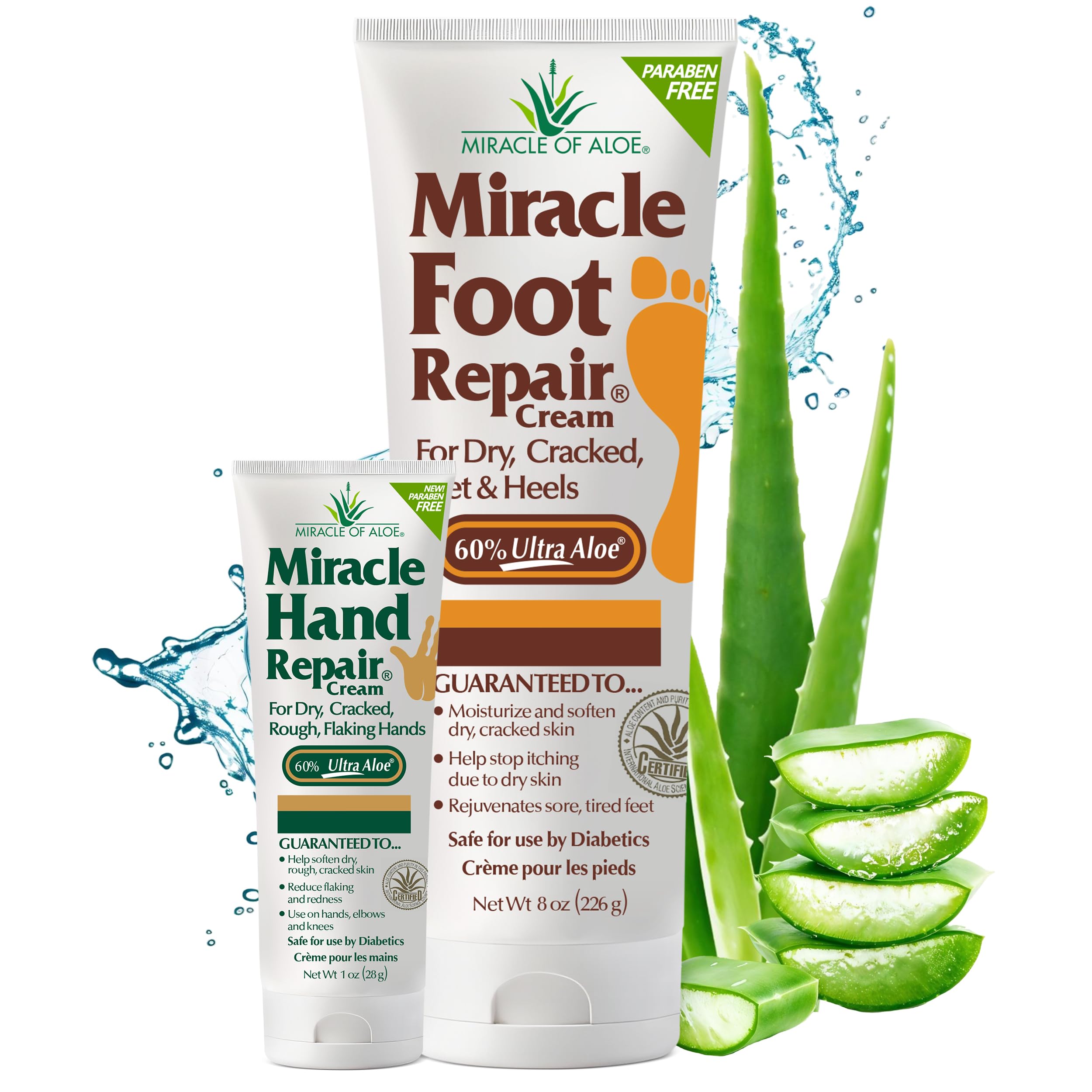 Miracle Foot Repair Cream 8 oz + 1 oz Miracle Hand Repair Healing Aloe Vera Lotions for Dry Cracked Hands and Feet Diabetic-Safe Moisturizes Softens and Repairs