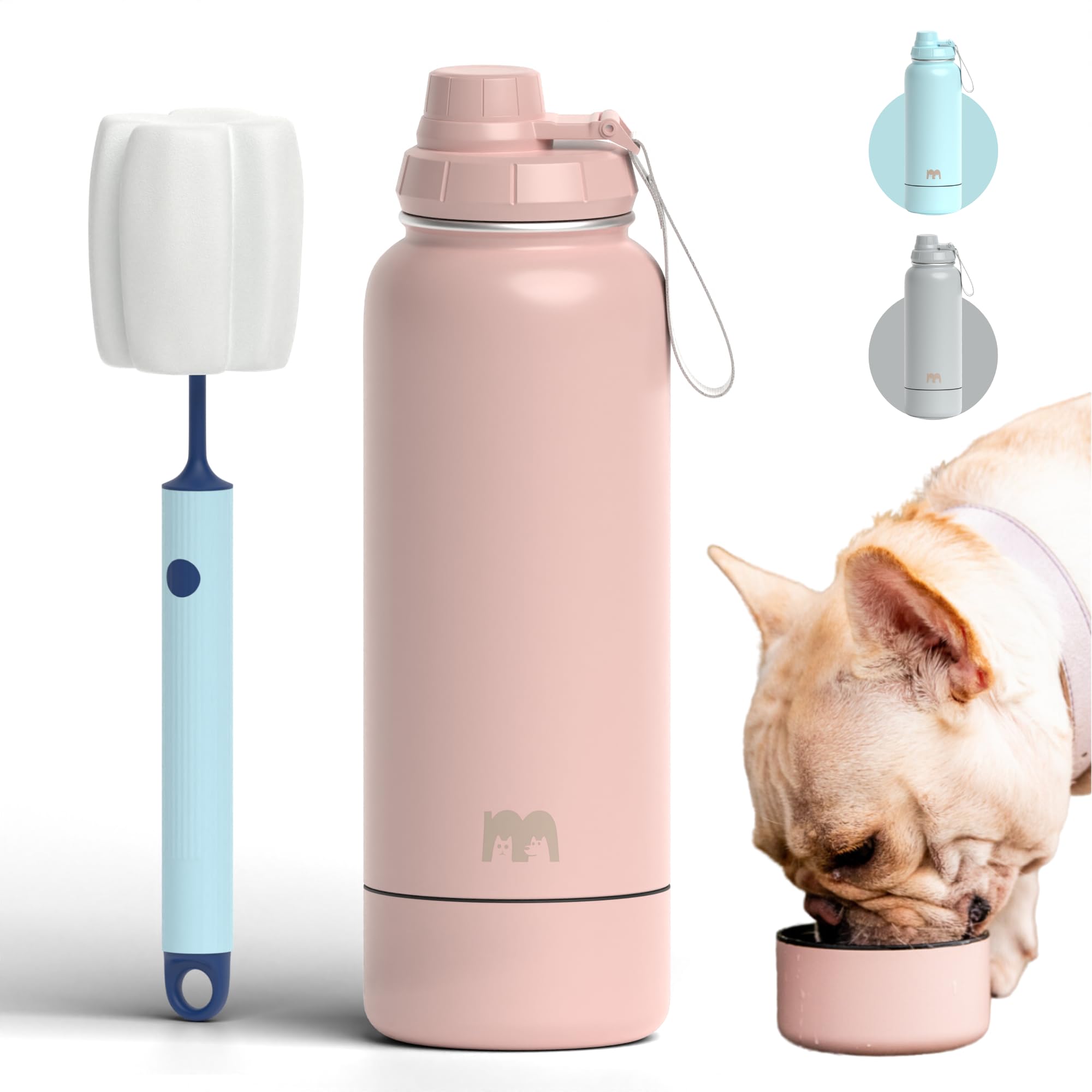 Miracle Pets Portable Dog Water Bottle with Bowl Attached 32oz Insulated Stainless Steel Water Bottles for Sports Hiking Easy Handle Dog Travel Accesories Portable Dog Bowl (Misty Rose)
