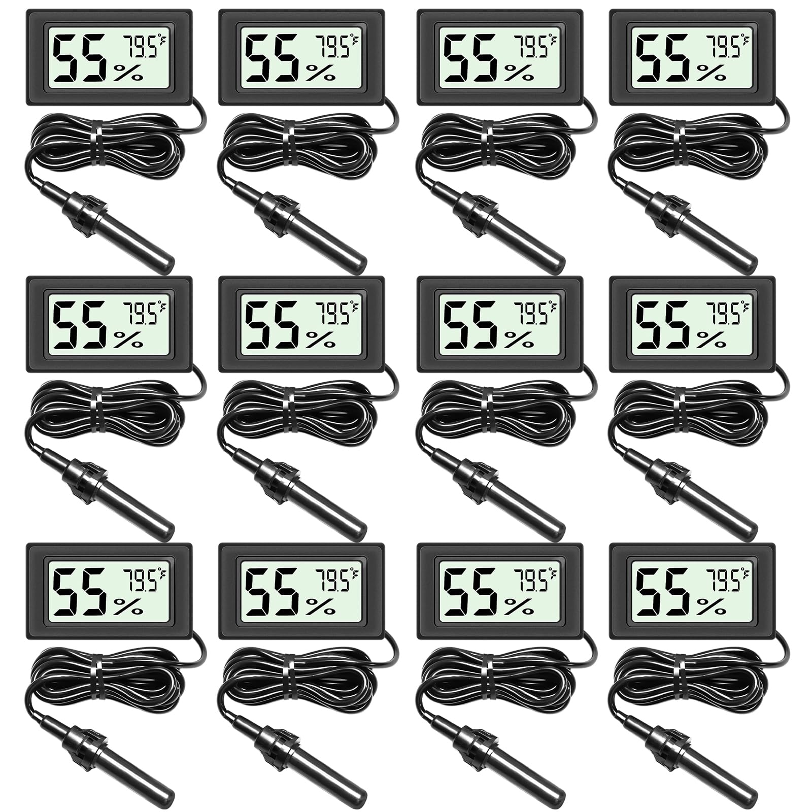12-Pack LCD Digital Hygrometer and Thermometer Indoor Hygrometer Meter Humidity Gauge for Reptile Enclosures Greenhouses (SD3013-with Probe)