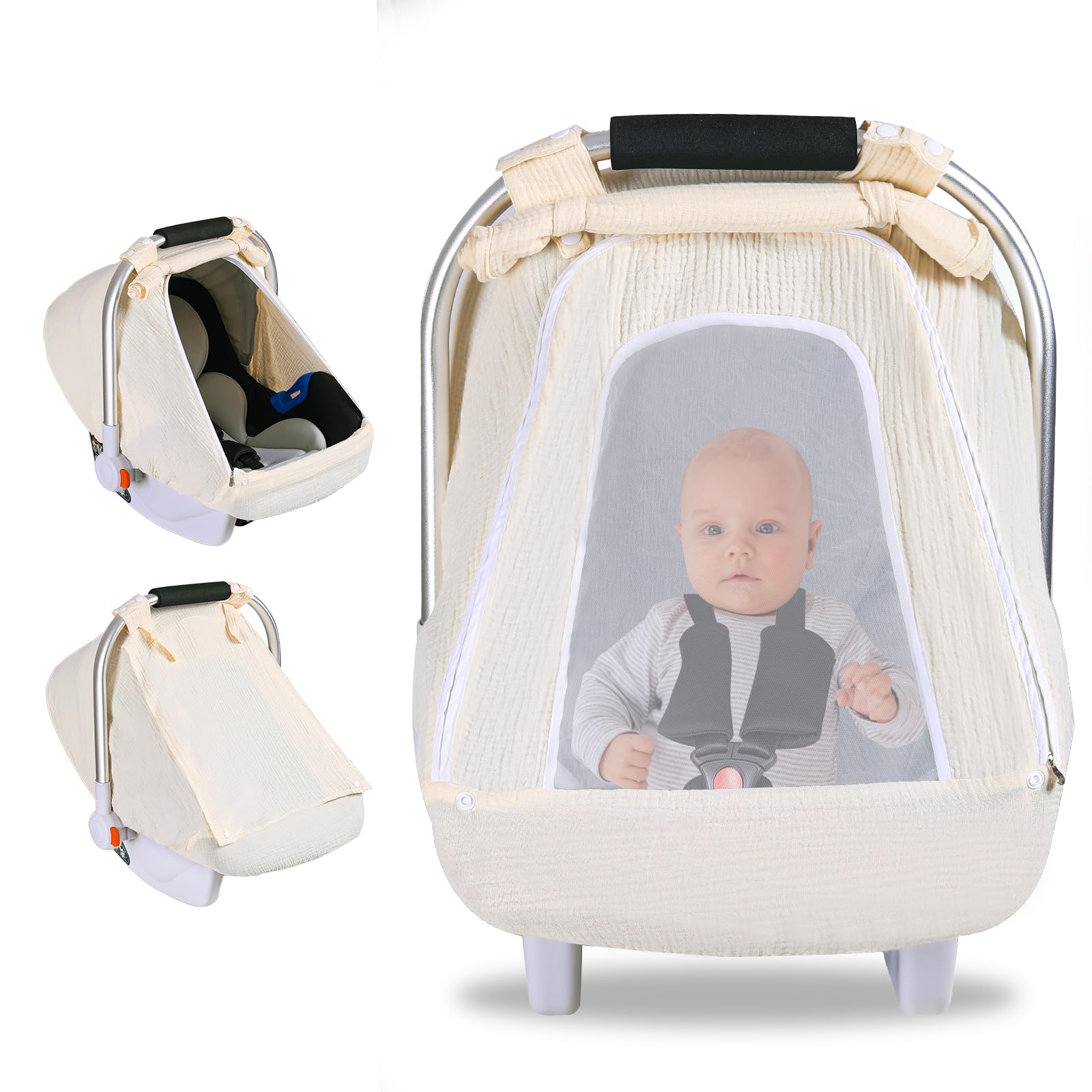 Muslin Car Seat Covers for Babies Breathable Baby Car Seat Cover for Boys GirlsInfant Carseat Canopy with Mesh Peep WindowCarrier Cover with Privacy Sun ShadeBaby Stroller Weather Shields(Beige-1)