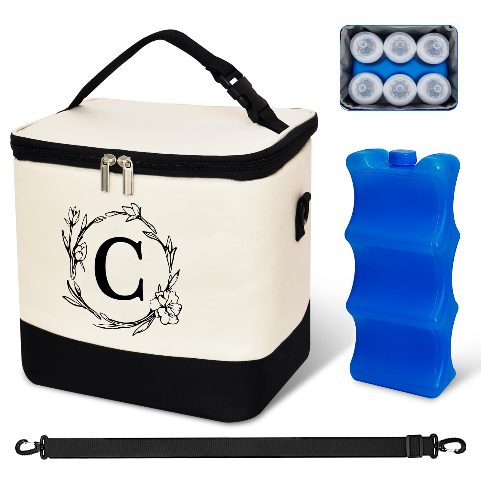 Anverion Breastmilk Cooler Bag with Ice Pack Breast Milk Cooler Travel Bag with Cooler Fits 6 Baby Bottles Up to 5 Ounce Baby Bottle Cooler Bag with Shoulder Strap for Nursing Mom Daycare(Letter C)