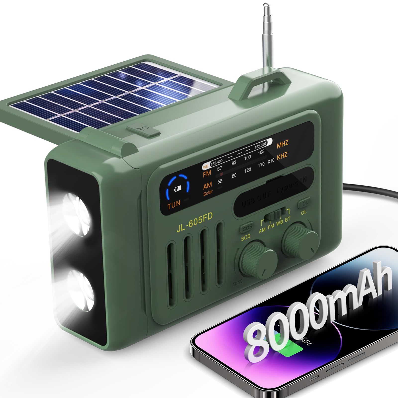 Emergency Weather Radio 8000mAh Hand Crank Radio Solar AM/FM/NOAA Weather Portable Radio with Flashlight Bluetooth Speaker SOS Power Bank & 4 Ways Powered for Indoor Outdoor Emergencies (Green)