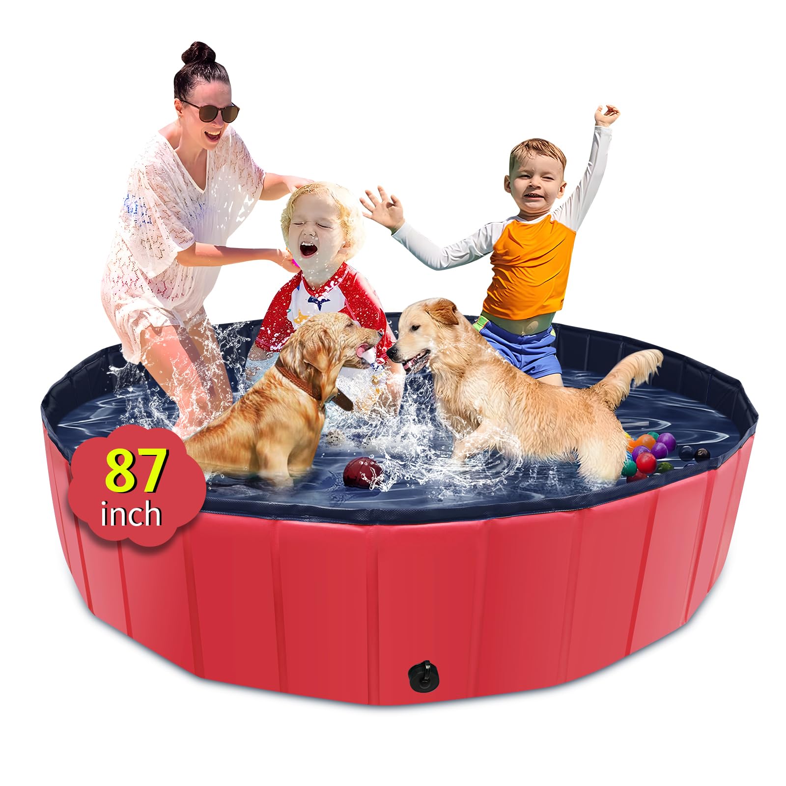 CACSPS Foldable Dog Pool 87" x 14" Large Kiddie Pool with Hard Plastic Non-Slip Dog Bath Tub for Outdoor Backyard Collapsible Dog Swimming Pool for Kids Dogs Pets (Red)