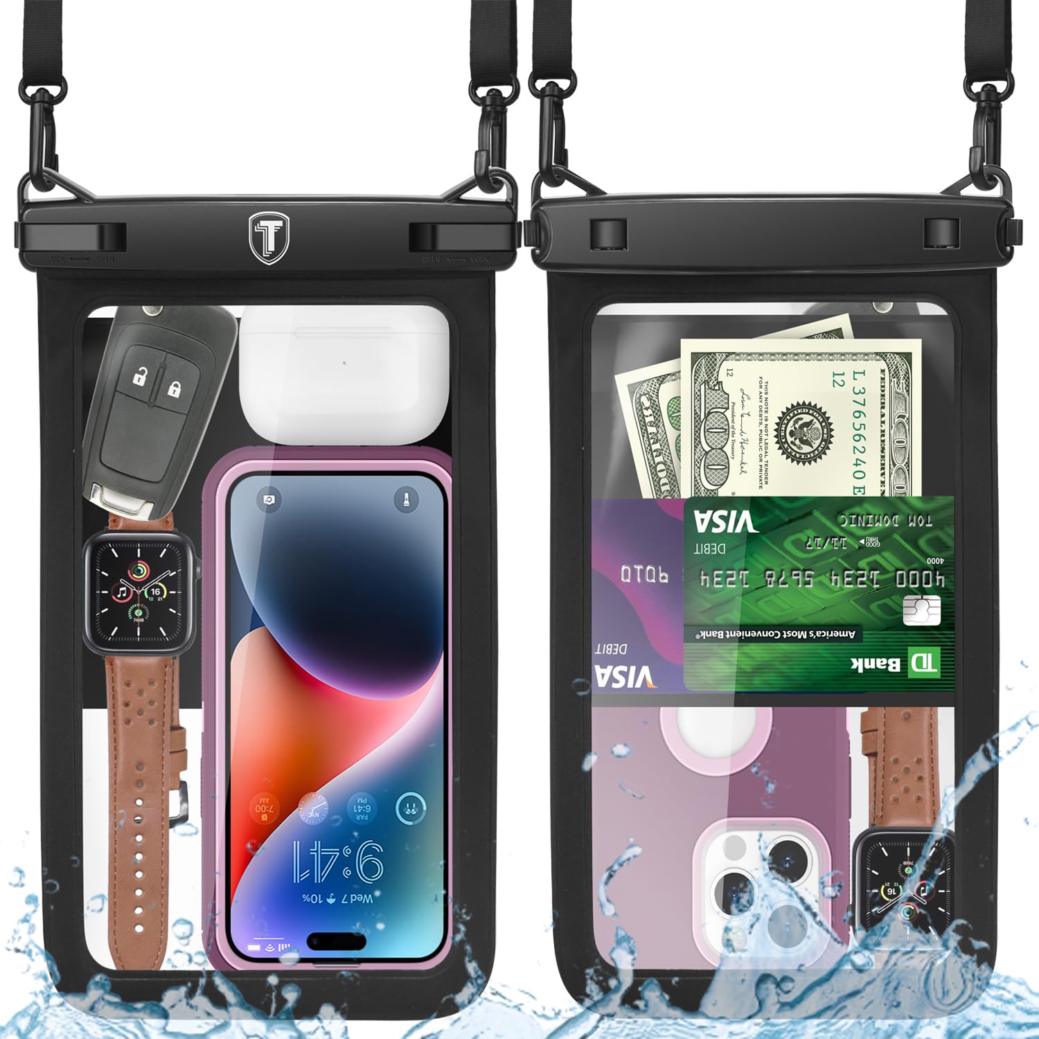 Takfox Extra Large Waterproof Phone Pouch Bag Case for Samsung Galaxy S24 Ultra S23 Plus S22 Note 20 A03S A15 A14 A13 iPhone 15 14 Pro Max [Up to 10"] [2-Pack] IPX8 Vacation Cellphone Dry Bag-Black