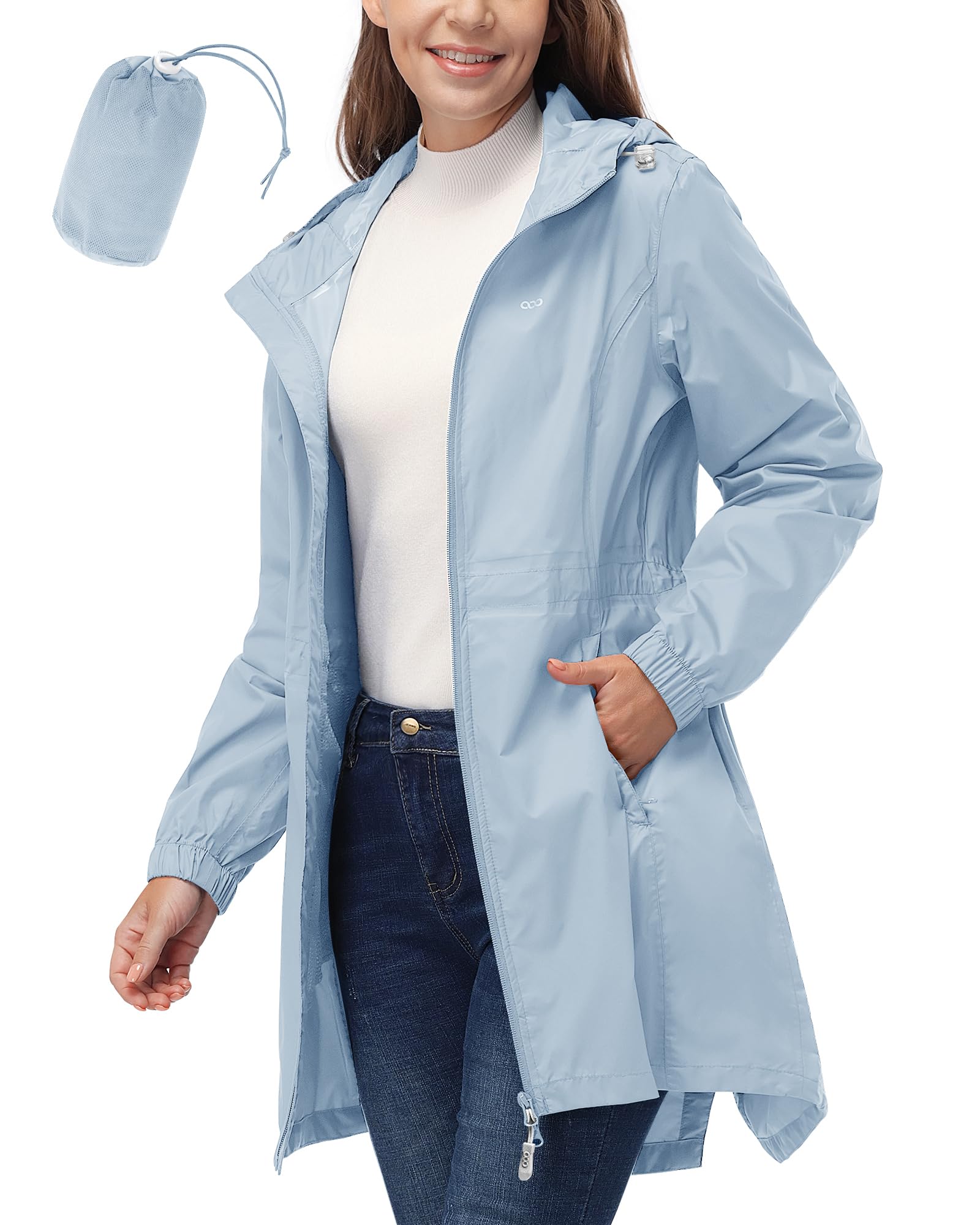 33000ft Womens Waterproof Long Rain Coats Packable Rain Jacket with Hood Trench Coats Windbreaker