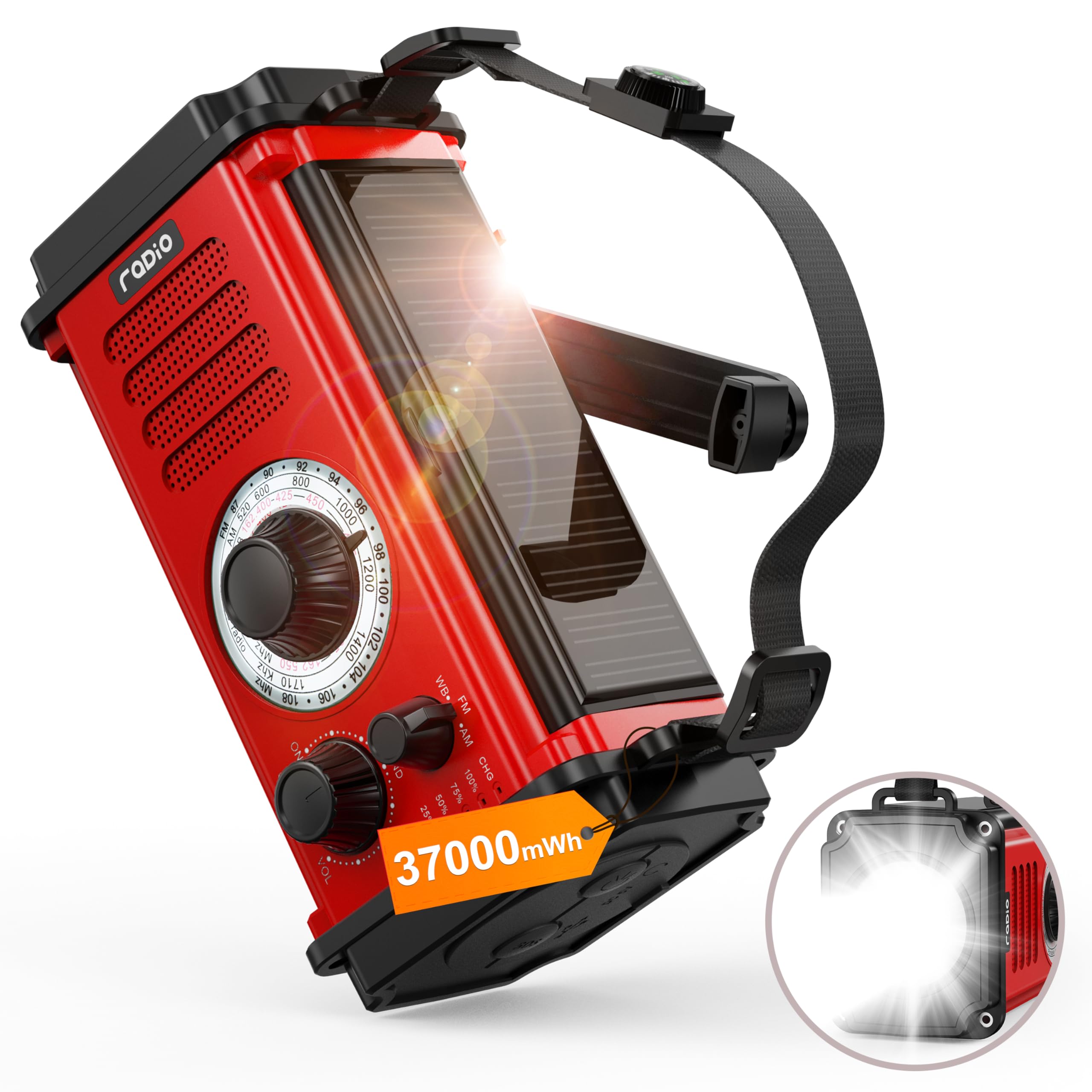 Hand Crank Emergency Radio for Winter Storm 37000mWh Emergency Crank Radio Solar RadioAM/FM/NOAA Weather Radio with USB Charger SOS Alarm Headphone Jack Flashlight/Reading Light for Survival-Red