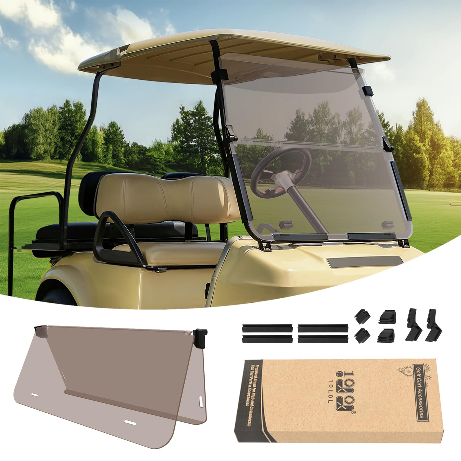 10L0L Golf Cart Windshield for Club Car DS Gas or Electric (2000-UP Models) Shatterproof and Foldable- Tinted