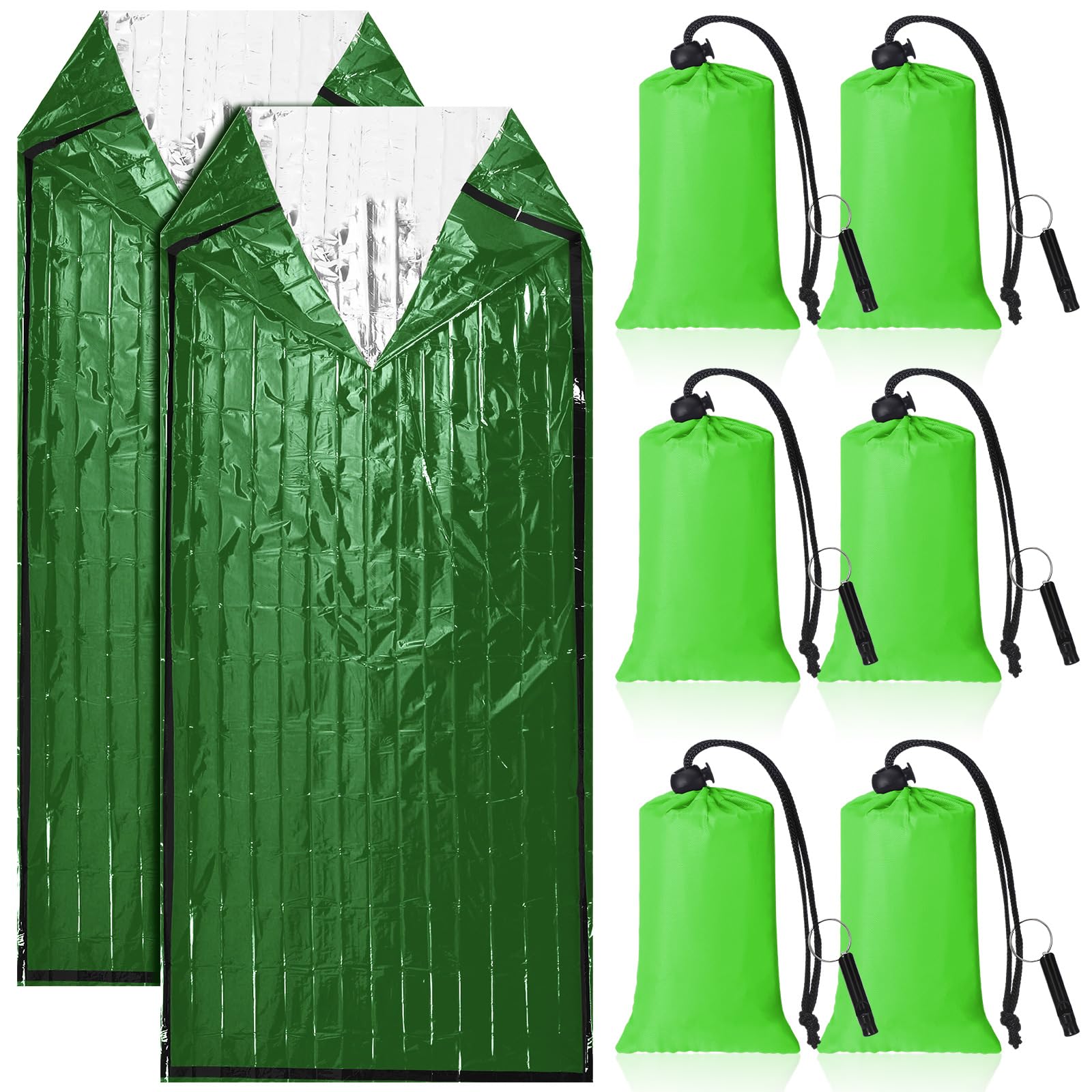 Qunclay 6 Set Emergency Sleeping Bag Portable Emergency Bivy Sack with Whistles Thermal Waterproof Survival Bag Foldable Lightweight Emergency Supplies for Outdoor Travel Camping Hiking (Green)