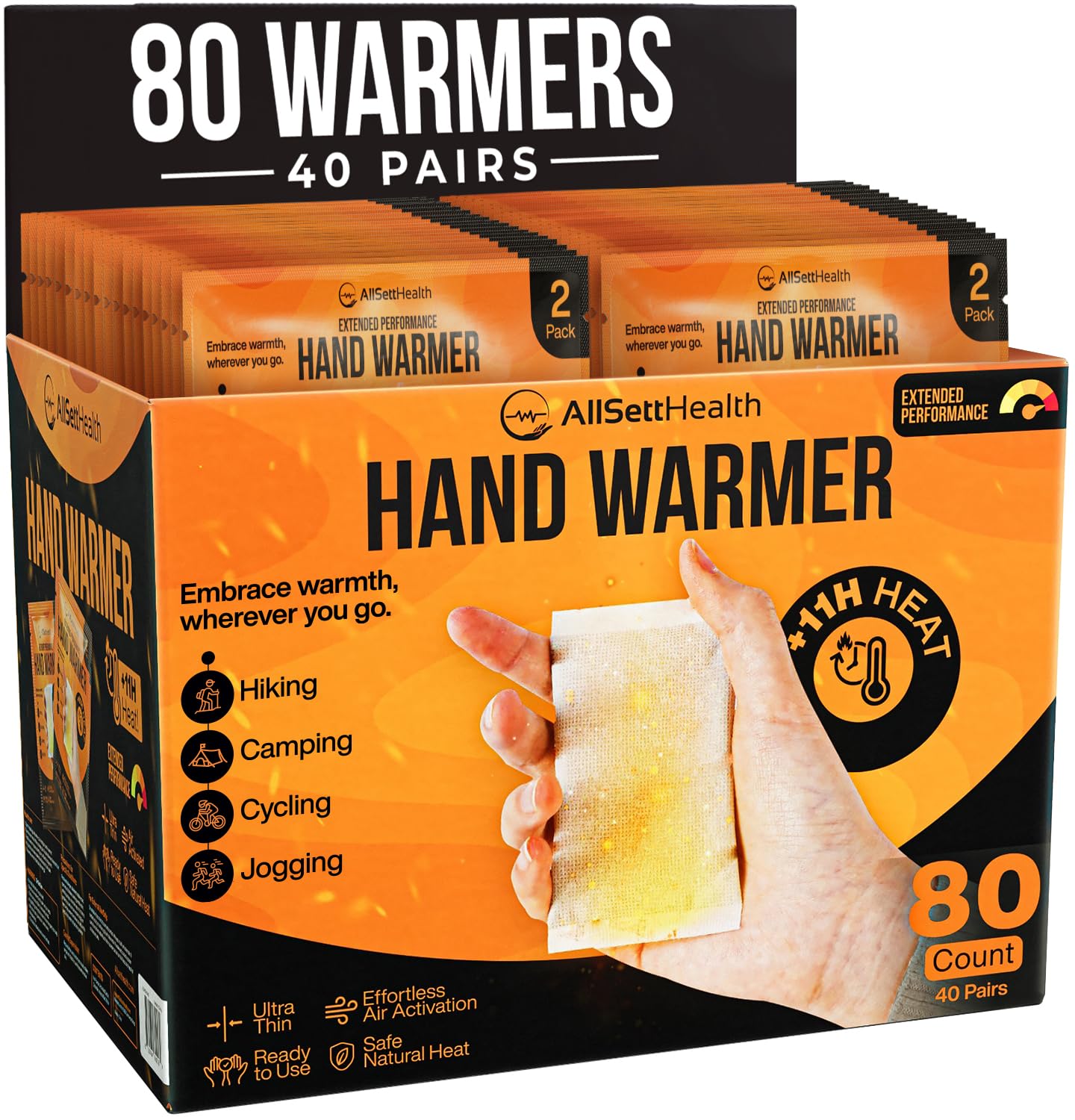 Natural Hand Warmers - 40 Pairs (80 Warmers) - Air Activated 11 Hours of Consistent Natural Heat Handwarmers Pack - Easy Activation | Portable Hot Hands Hand Warmers Bulk Hot Heat Pack Feet & Body