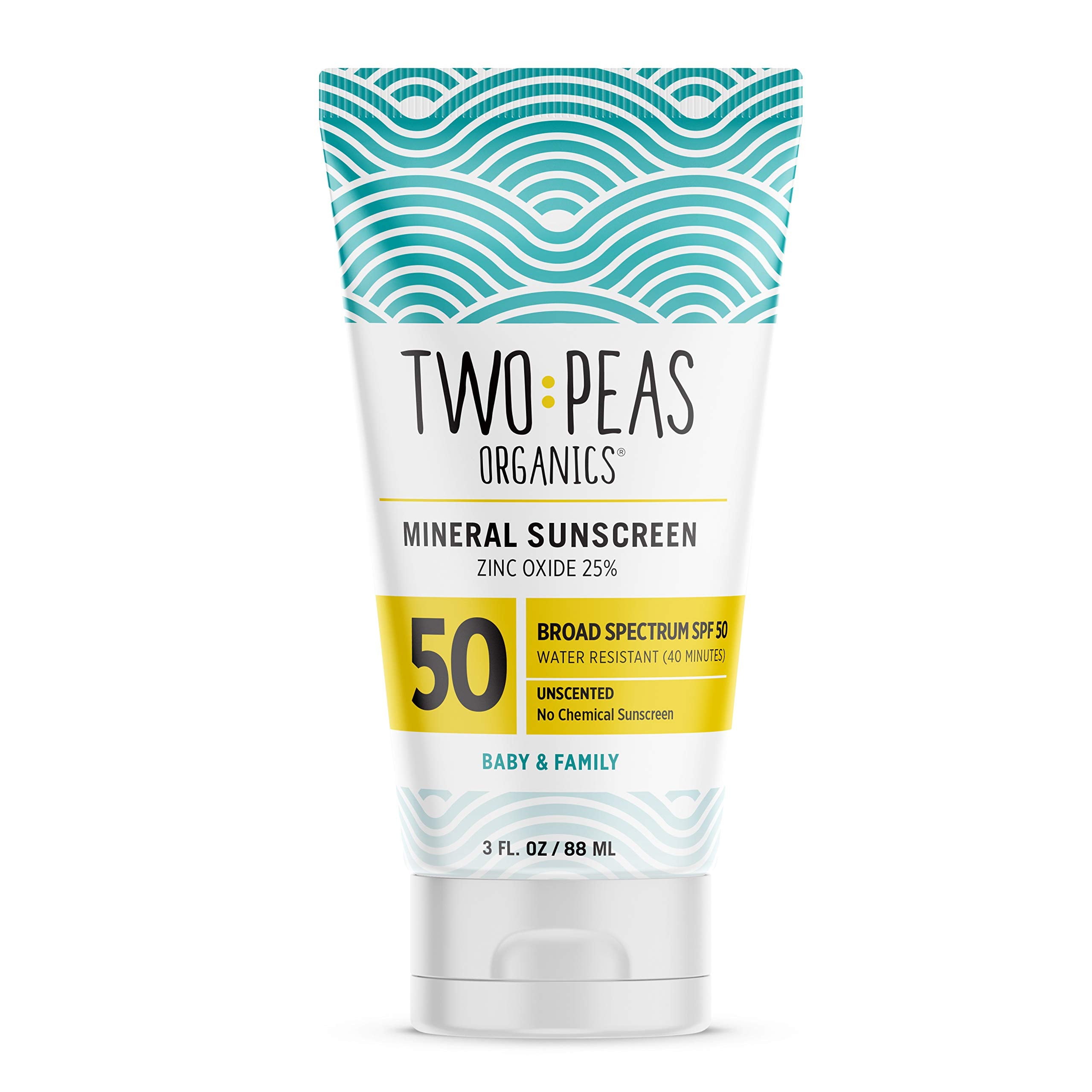 Two Peas Organics - All Natural Organic SPF 50 Sunscreen Lotion - Coral Reef Safe - Baby Kid & Family Friendly - Chemical Free Mineral Based Formula - Waterproof & Unscented – 3oz