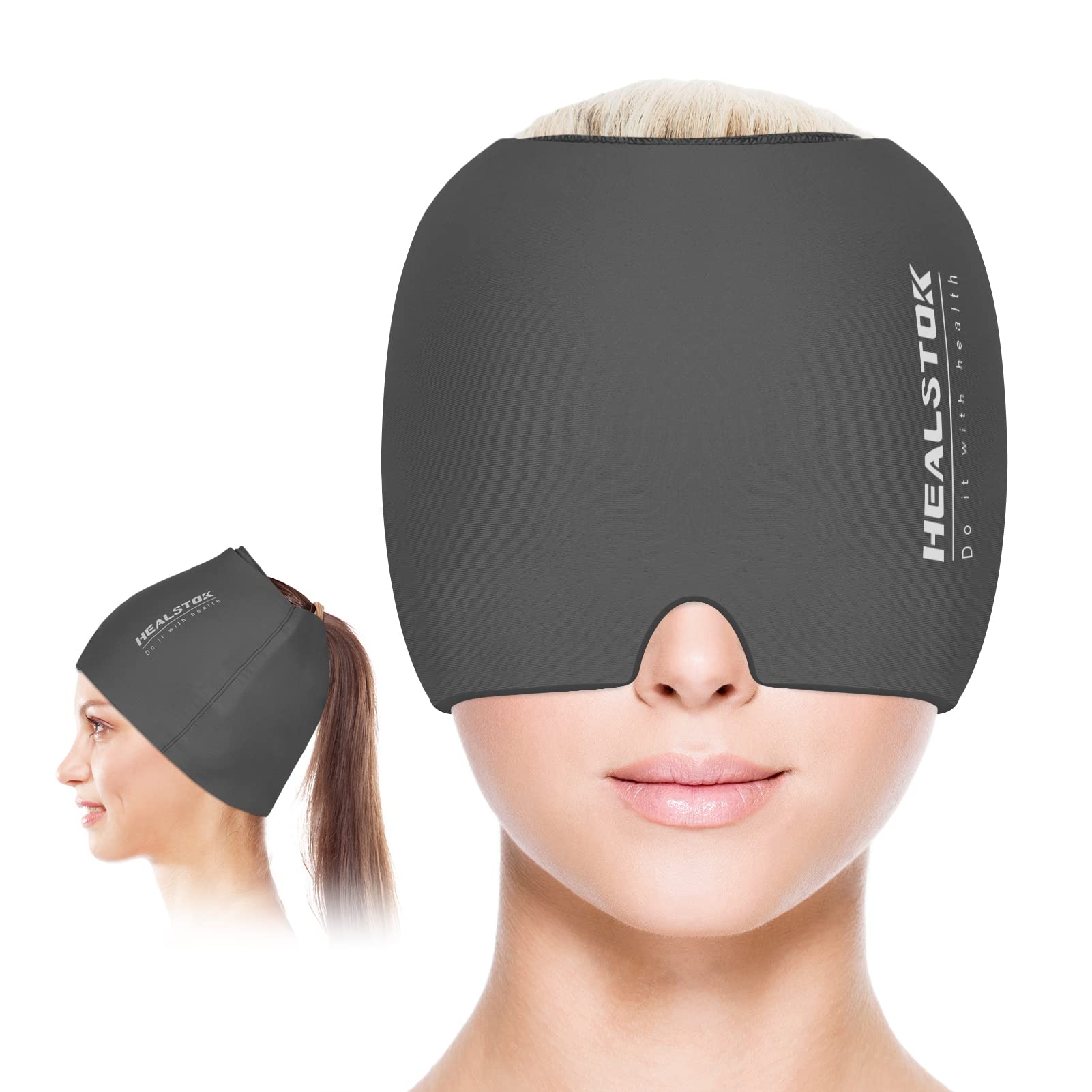 HEALSTOK Cold Hat Ice Cap Ice Head Wrap Cold & Hot Therapy Reusable 360 Compression Flexible Ice Pack Head Wrap Cold Head Park Wrap. Grey