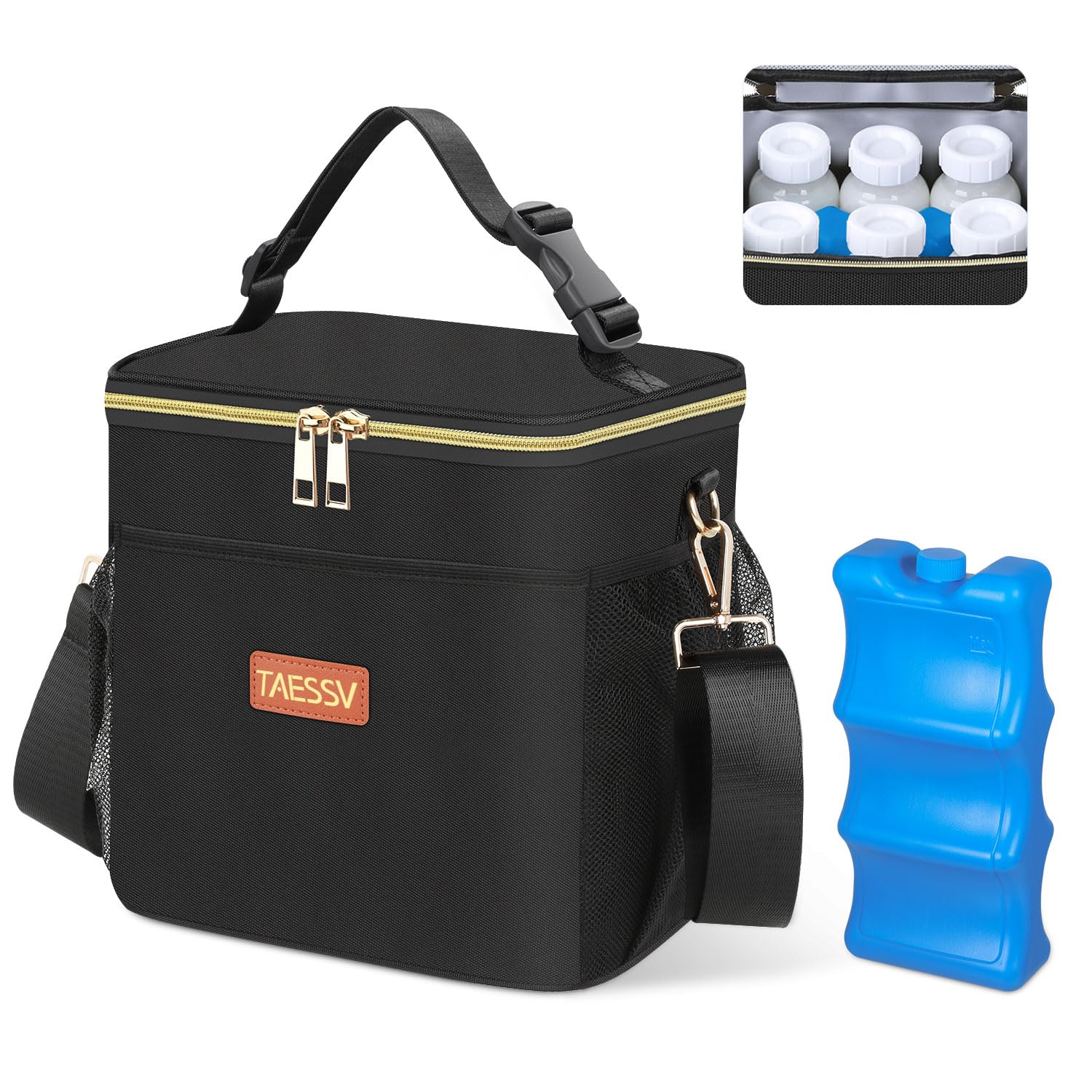 Breastmilk Cooler Bag with Ice Pack - Insulated Baby Bottle Cooler Tote Bag Fits 6 Bottles Up to 11 Oz Breast Milk Cooler Travel Bag Perfect for Nursing Mom Daycare Easily Attaches to Stroller Black